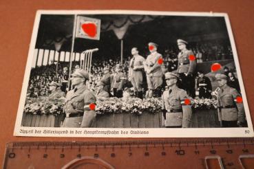 Postkarte - 1937 Appell der Hitlerjugend in der Hauptkampfbahn des Stadions mit Hitler, Hess usw.