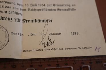 Preview: Certificate for the Cross of Honor for Frontline Fighters for a major retired - 1935 Berlin