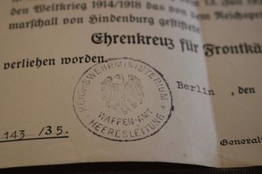 Preview: Certificate for the Cross of Honor for Frontline Fighters for a major retired - 1935 Berlin