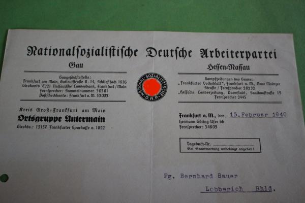 Brief mit Parteikopf - Gau Hessen-Nassau - Ortsgruppe Untermain