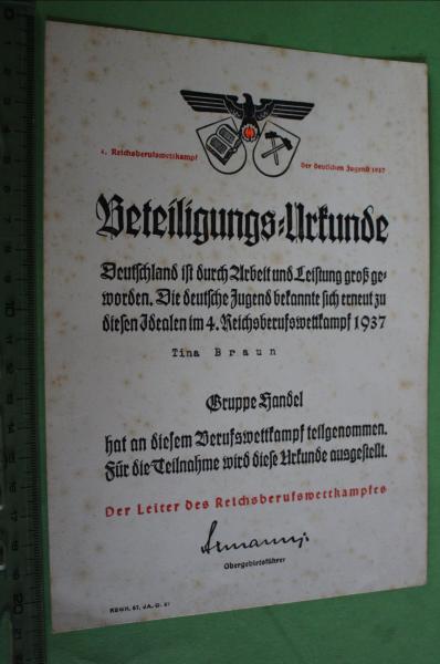 Beteiligungs-Urkunde - 4. Reichsberufswettkampf 1937