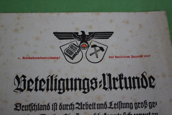 Beteiligungs-Urkunde - 4. Reichsberufswettkampf 1937
