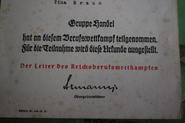 Beteiligungs-Urkunde - 4. Reichsberufswettkampf 1937