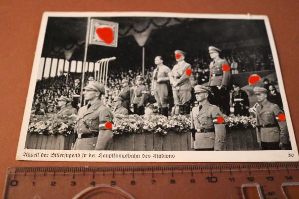 Postkarte - 1937 Appell der Hitlerjugend in der Hauptkampfbahn des Stadions mit Hitler, Hess usw.