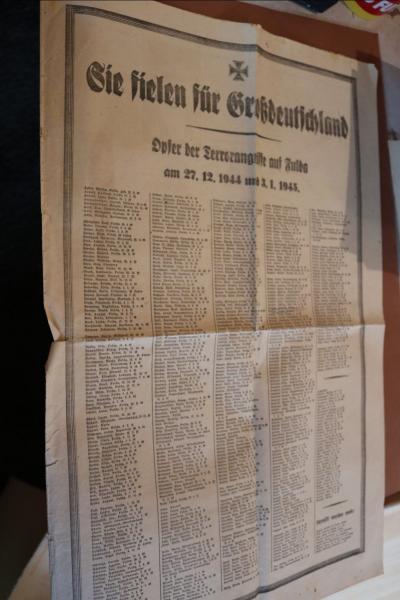 Fuldaer Zeitung 20/21 Januar 1945 - Namen Opfer der Terrorangriffe auf Fulda 27.12.1944 u. 03.01.1945