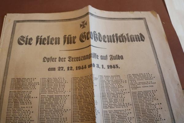 Fuldaer Zeitung 20/21 Januar 1945 - Namen Opfer der Terrorangriffe auf Fulda 27.12.1944 u. 03.01.1945
