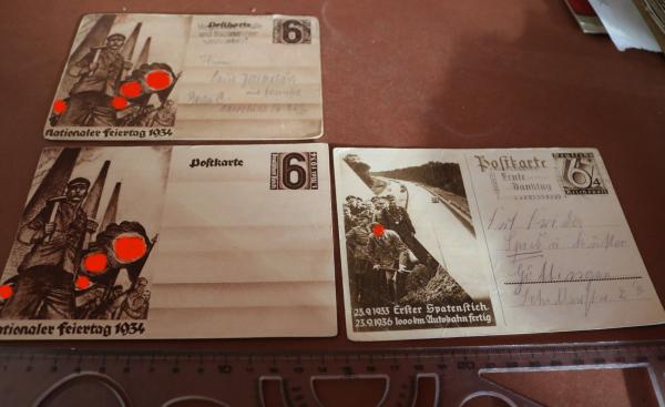 drei alte Ganzsachen - 1933 Erster Spatenstich und zweimal National Feiertag 1934