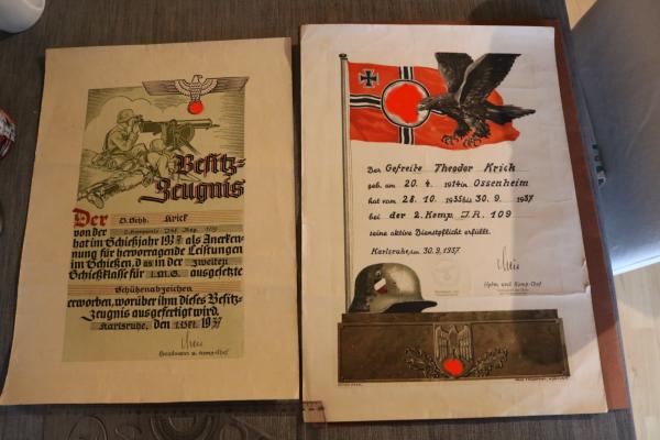 two large decorative certificates of a soldier in the 109th Infantry Regiment