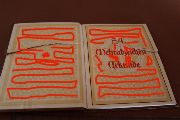 alte SA Wehrabzeichen Urkunde  Bronze - Hamburg defekt