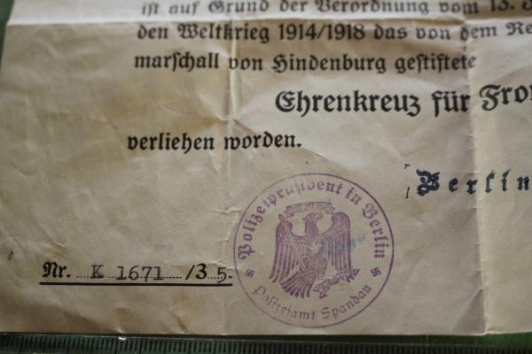 Urkunde für Ehrenkreuz für Frontkämpfer für einen Privat-Chauffeur 1935