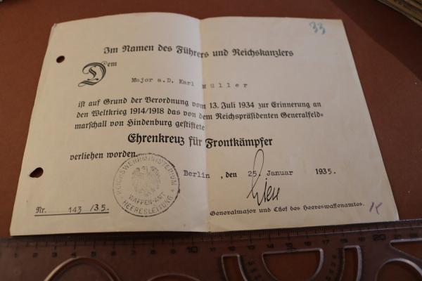 Certificate for the Cross of Honor for Frontline Fighters for a major retired - 1935 Berlin