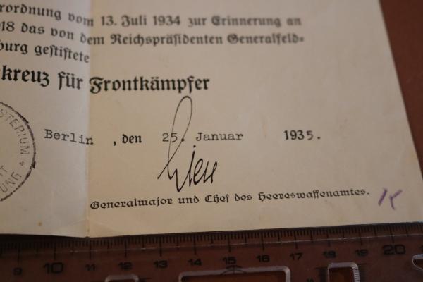 Certificate for the Cross of Honor for Frontline Fighters for a major retired - 1935 Berlin