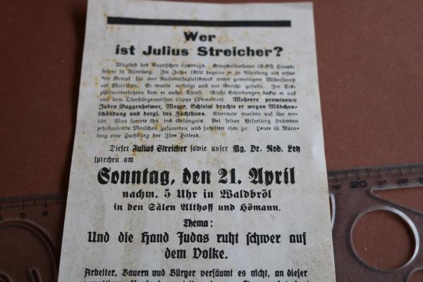 alter Handzettel - Wer ist Julius Streicher  - Waldbröl spricht er zu den Einwohnern